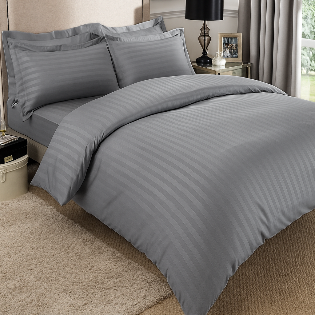 Light Grey striped 600 TC Bedding Set | 100% Cotton Sheets | Deep Pocket | 4-Piece Set