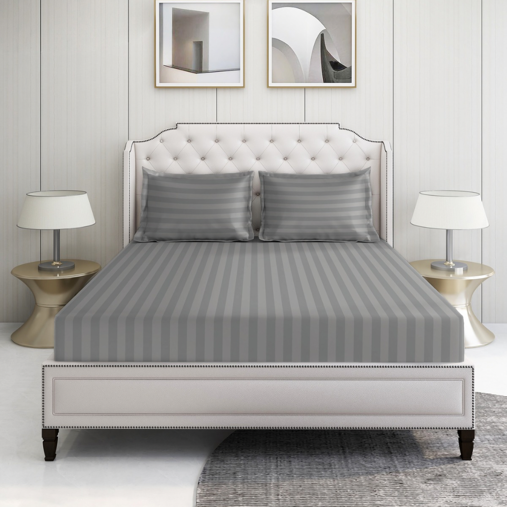 Light Grey striped 600 TC Bedding Set | 100% Cotton Sheets | Deep Pocket | 4-Piece Set