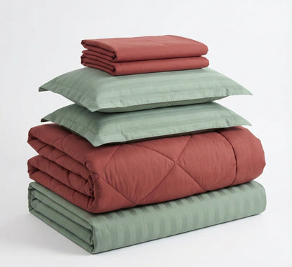 Christmas Special Red Comforter & Sage Green Striped Bedsheet Set (400 TC + 600 TC)