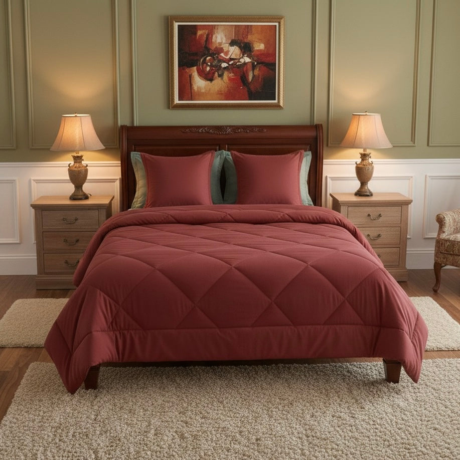 Christmas Special Red Comforter & Sage Green Striped Bedsheet Set (400 TC + 600 TC)