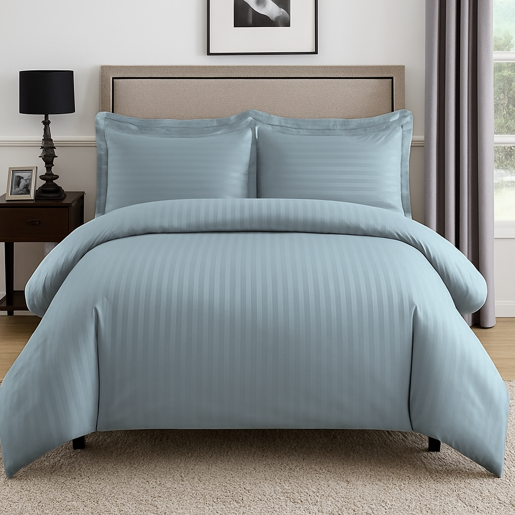 Light blue striped 600 TC Bedding Set | 100% Cotton Sheets | Deep Pocket | 4-Piece Set
