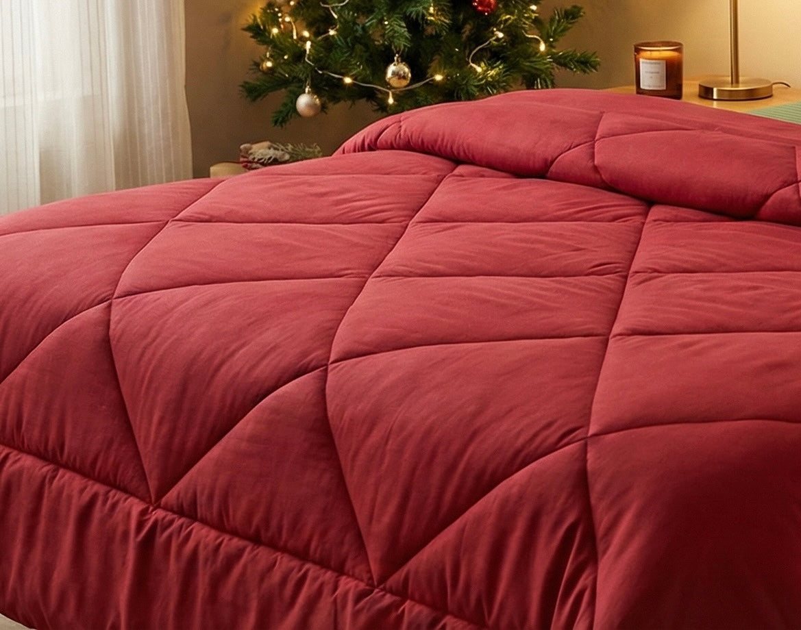Christmas Special Red Comforter & Sage Green Striped Bedsheet Set (400 TC + 600 TC)