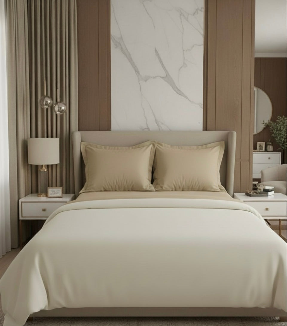 Ivory beige 5 pcs Luxury Complete bedding Set | Fitted, Flat Bedsheet, and Duvet cover