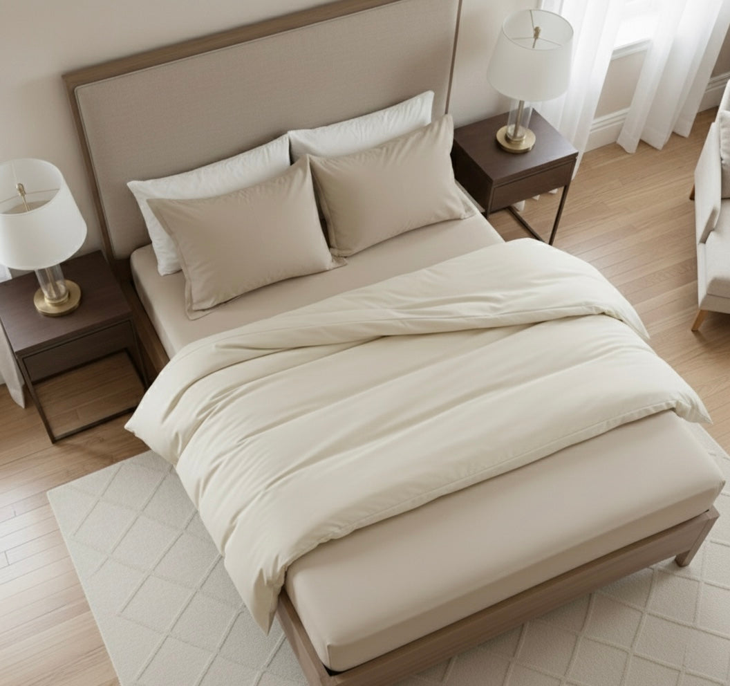 Ivory beige 5 pcs Luxury Complete bedding Set | Fitted, Flat Bedsheet, and Duvet cover