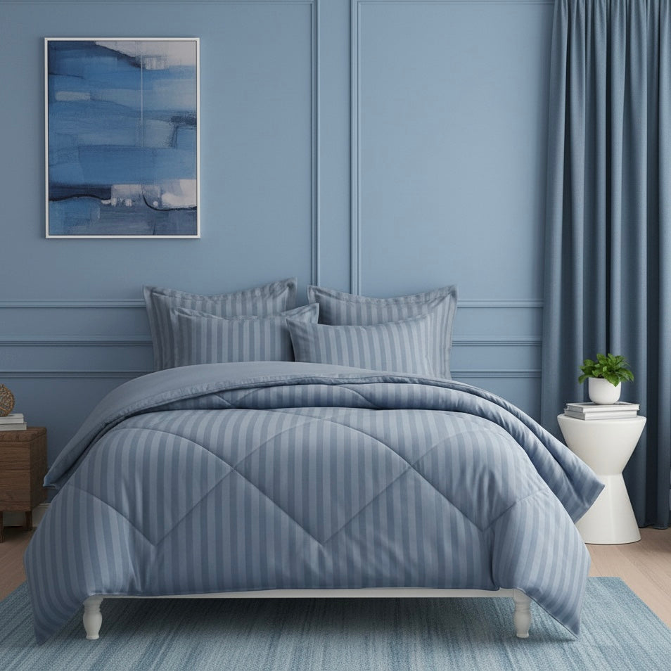 Denim blue striped Double bed comforter | 400 TC ~ 100% Cotton