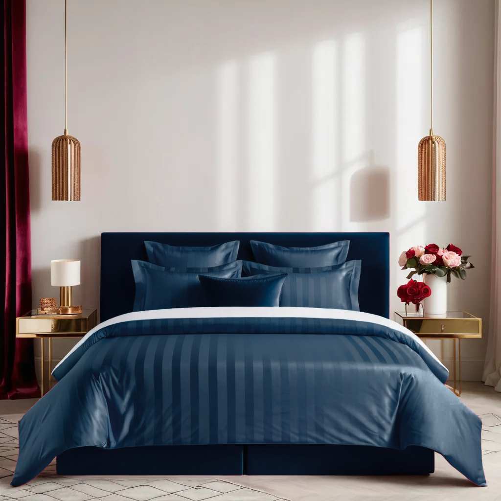 Dark blue striped 600 TC Bedding Set | 100% Cotton Sheets | Deep Pocket | 4-Piece Set