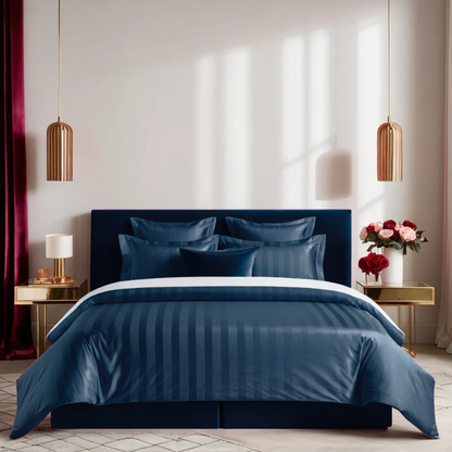 Dark blue striped 600 TC Bedding Set | 100% Cotton Sheets | Deep Pocket | 4-Piece Set