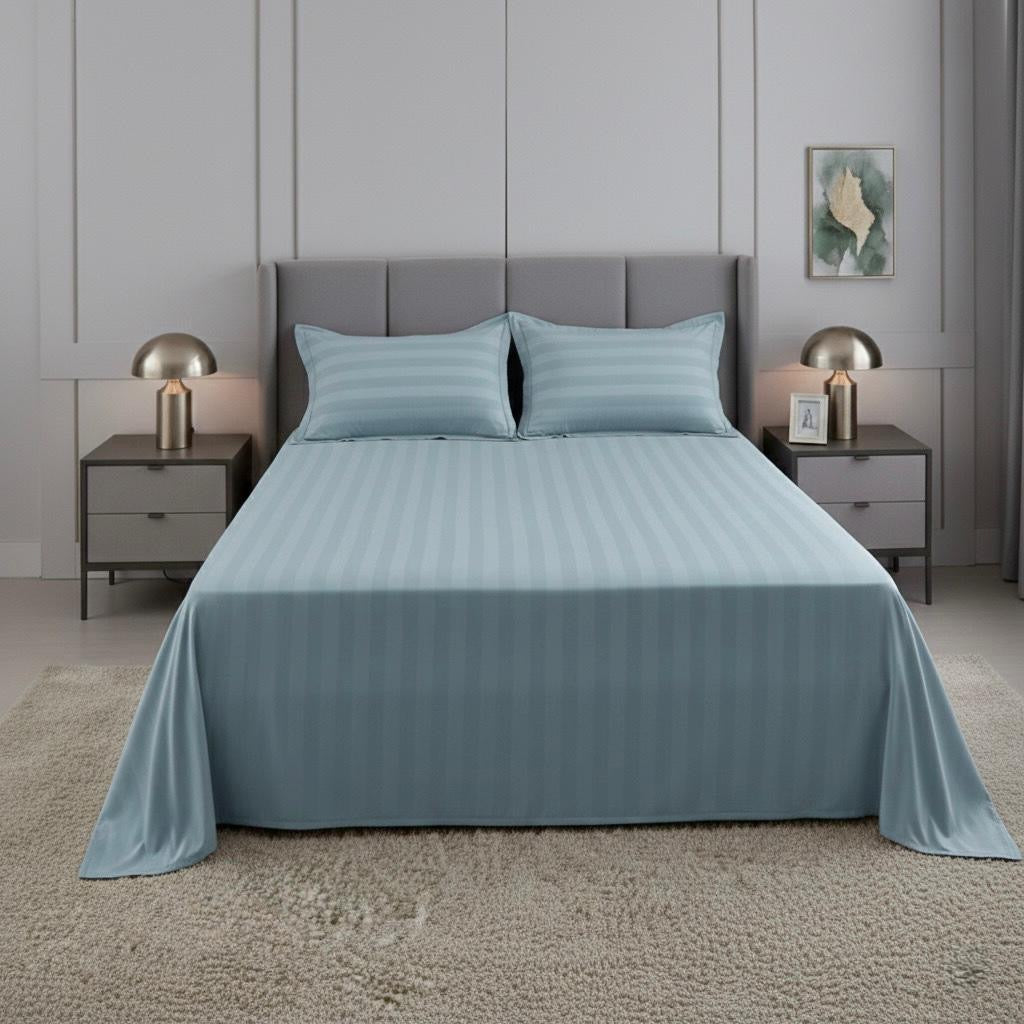 Light blue striped 600 TC Bedding Set | 100% Cotton Sheets | Deep Pocket | 4-Piece Set