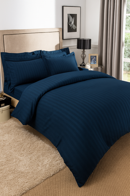 Dark blue striped 600 TC Bedding Set | 100% Cotton Sheets | Deep Pocket | 4-Piece Set