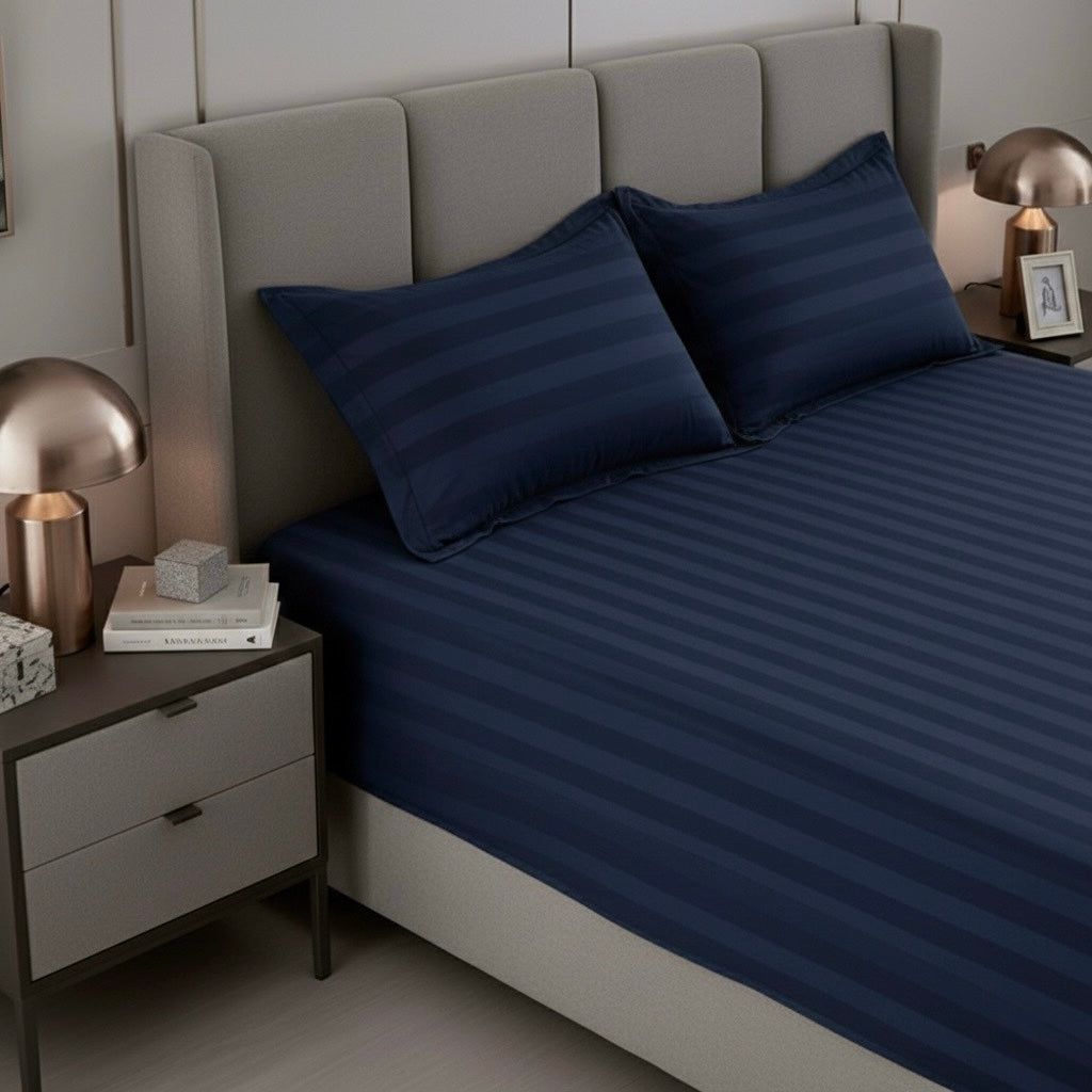 Dark blue striped 600 TC Bedding Set | 100% Cotton Sheets | Deep Pocket | 4-Piece Set