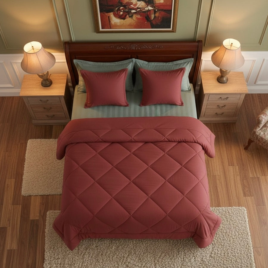 Christmas Special Red Comforter & Sage Green Striped Bedsheet Set (400 TC + 600 TC)