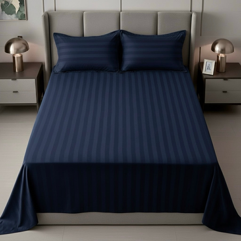 Dark blue striped 600 TC Bedding Set | 100% Cotton Sheets | Deep Pocket | 4-Piece Set