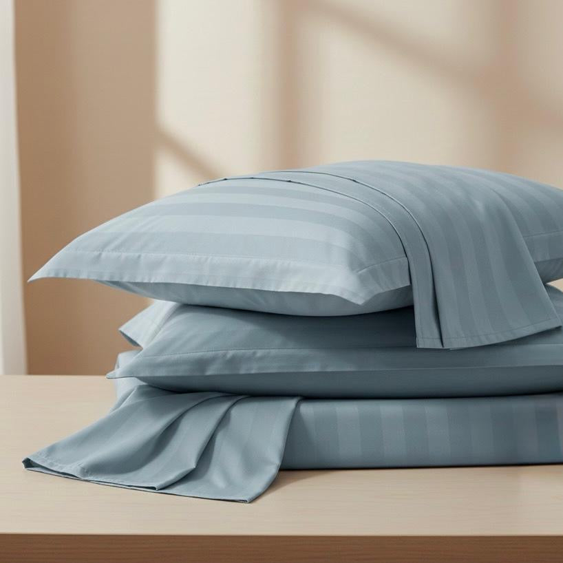 Light blue striped 600 TC Bedding Set | 100% Cotton Sheets | Deep Pocket | 4-Piece Set