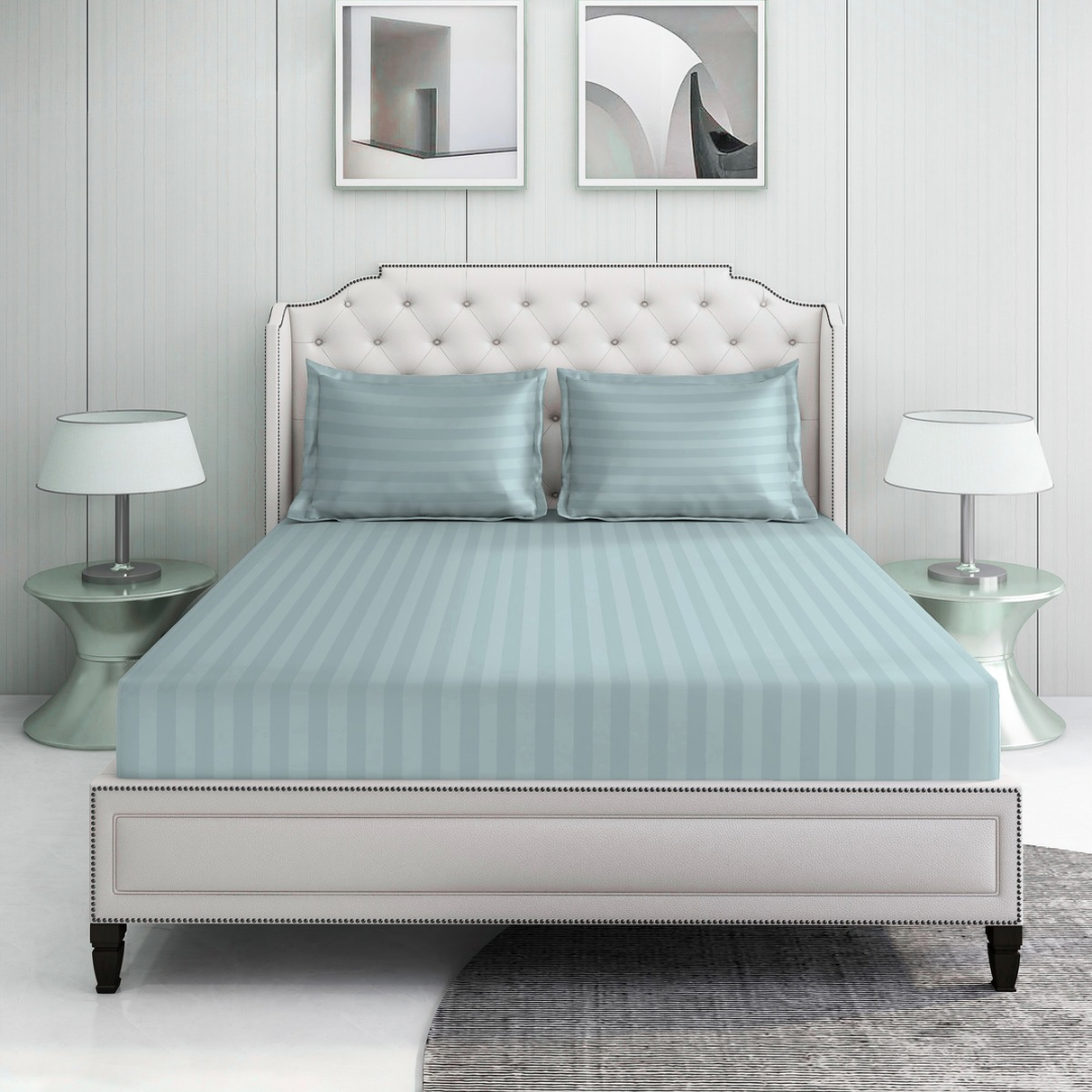 Light blue striped 600 TC Bedding Set | 100% Cotton Sheets | Deep Pocket | 4-Piece Set