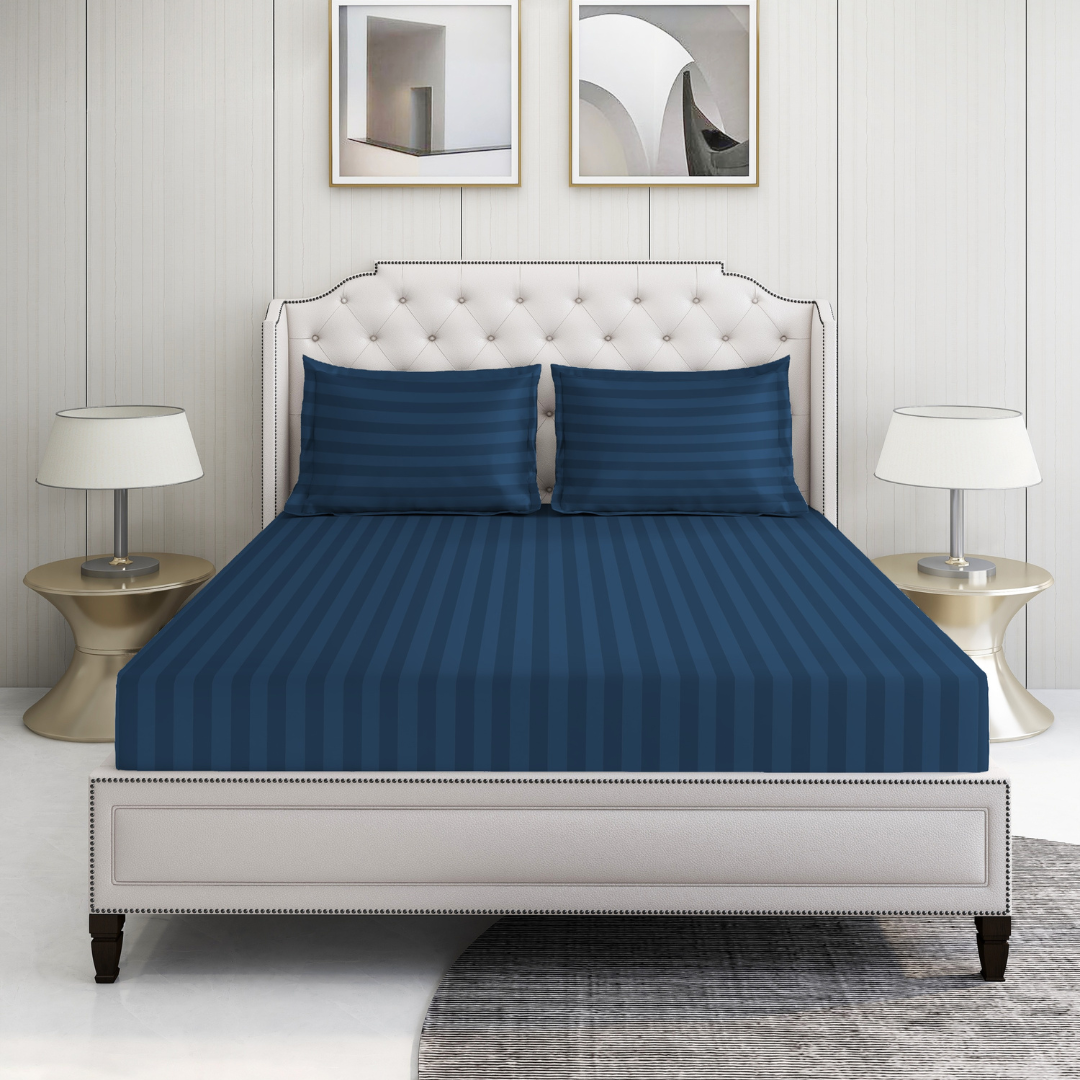 Dark blue striped 600 TC Bedding Set | 100% Cotton Sheets | Deep Pocket | 4-Piece Set