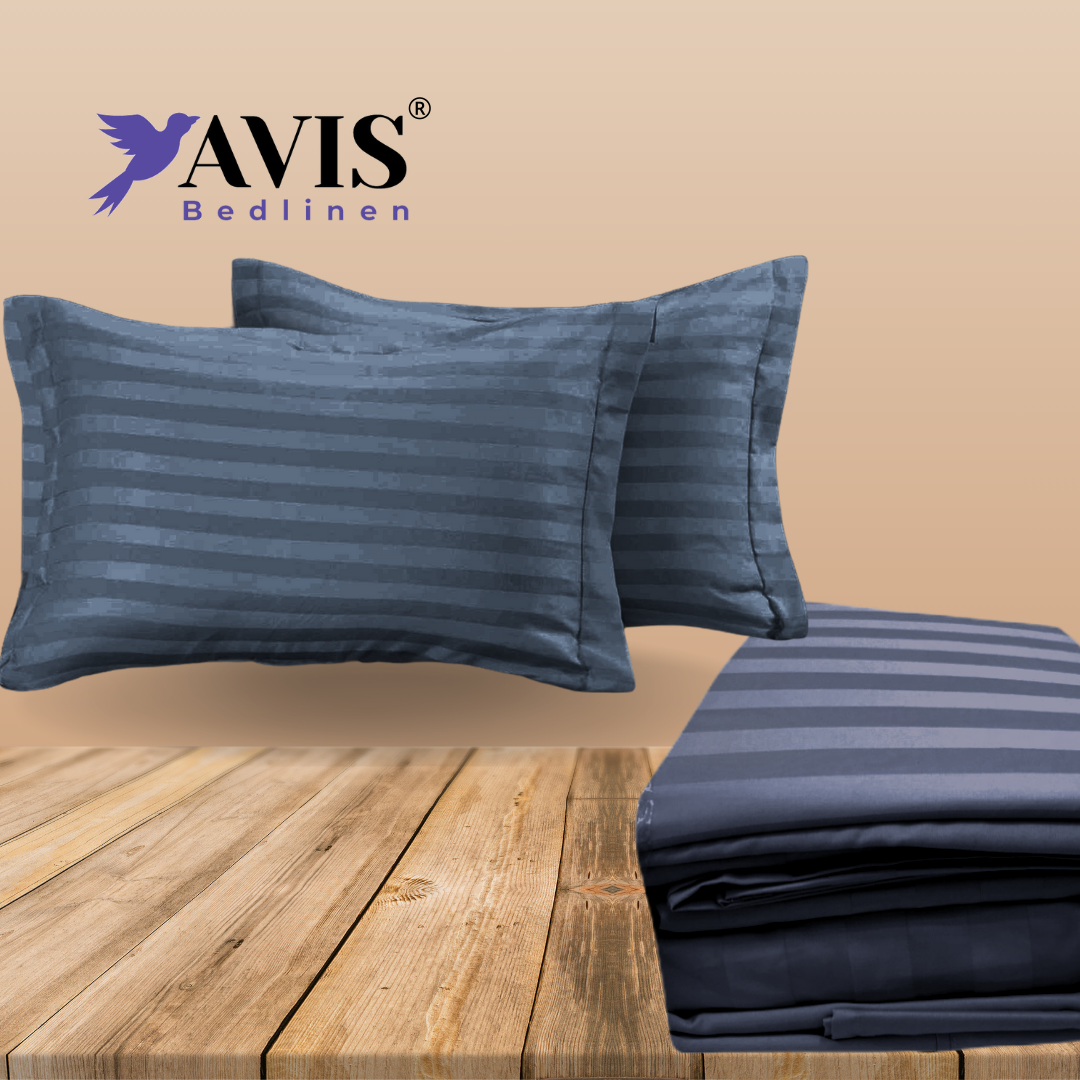 Dark blue striped 600 TC Bedding Set | 100% Cotton Sheets | Deep Pocket | 4-Piece Set
